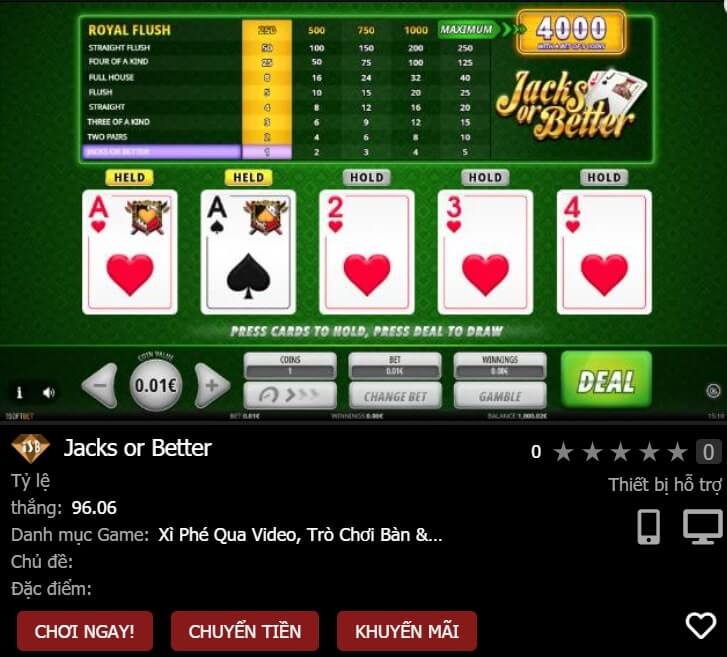 Kiếm tiền thật với game bài Jack or Better trên 12bet